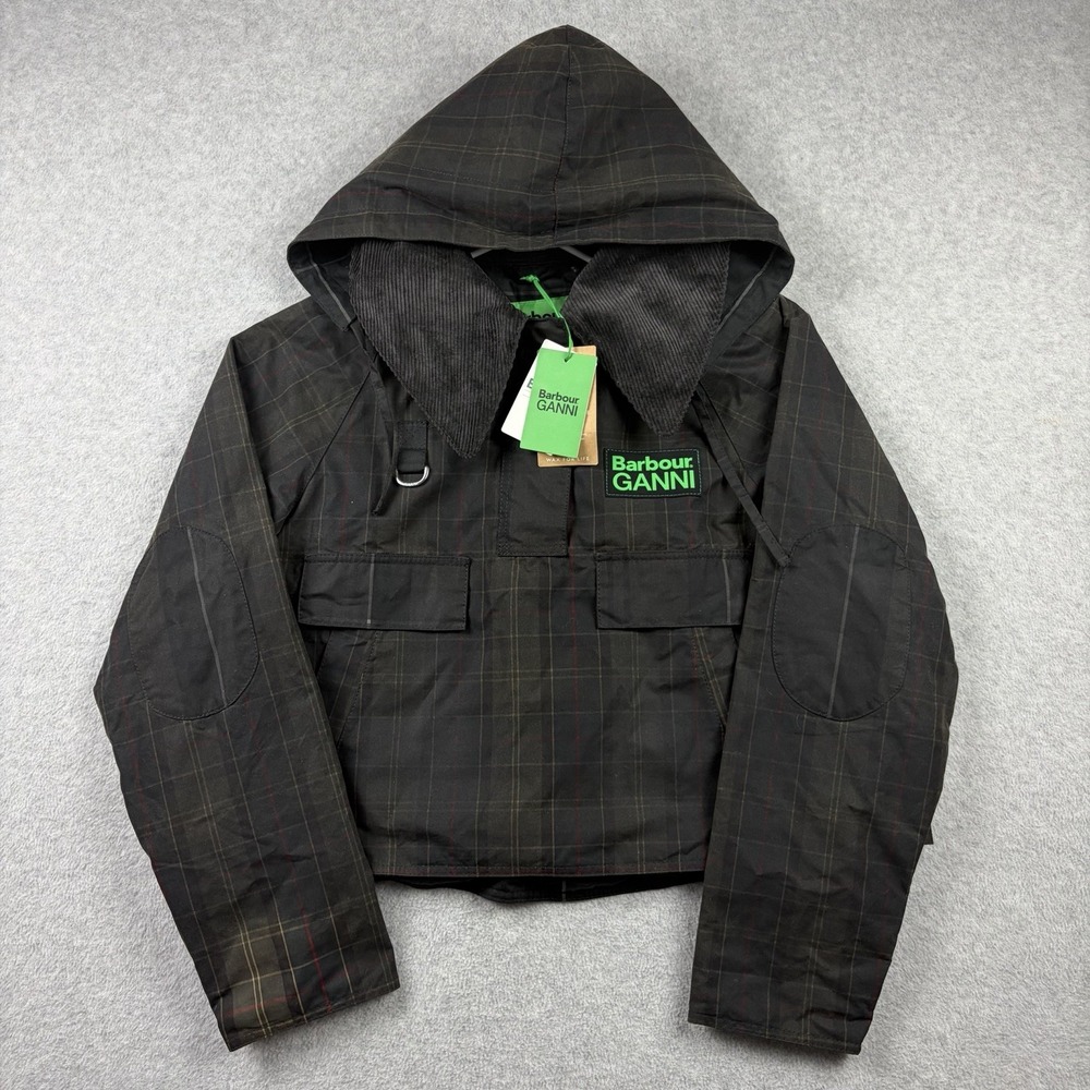 Barbour x Ganni Jacket Womens 8 Black Tartan Waxed Hooded Smock Anorak NWT - Picture 1 of 14